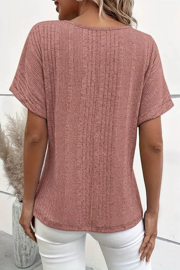Solid Rib-Knit Decorative Button Short Dolman Sleeve T-Shirt