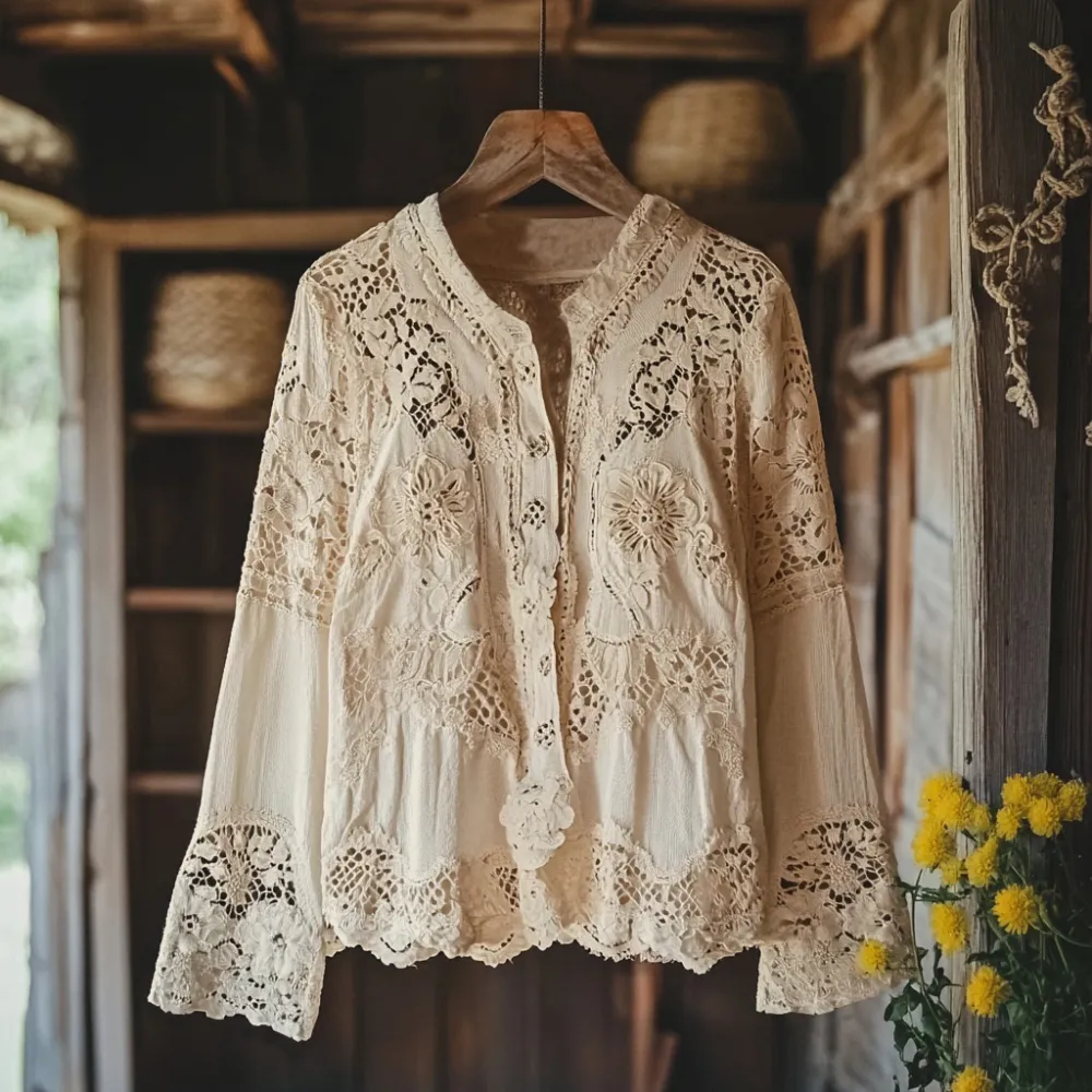 Women's Retro Floral Lace Embroidery Art V-neck Shirt