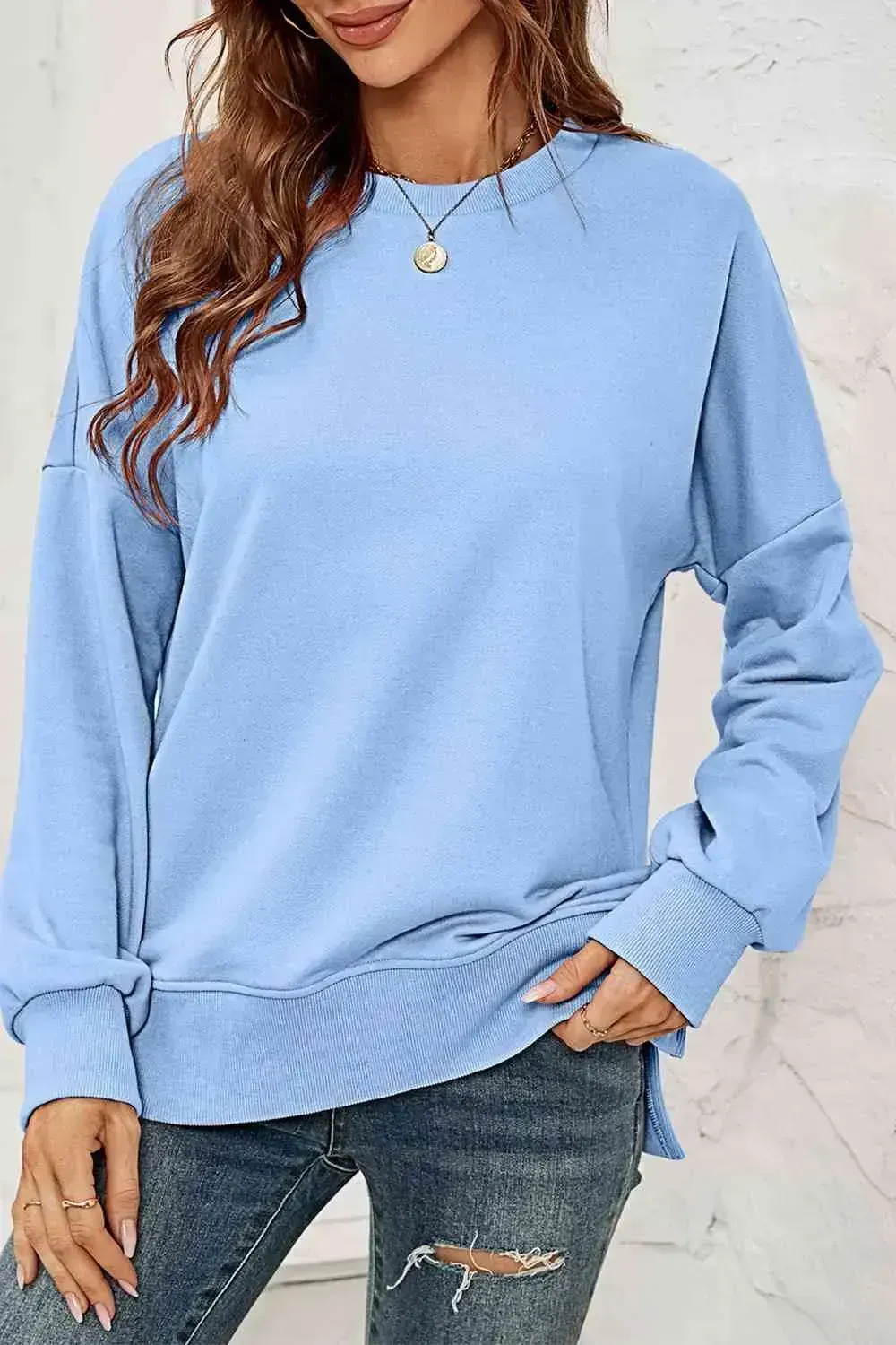 Round Neck  Dropped Shoulder Slit Sweatshirt AC