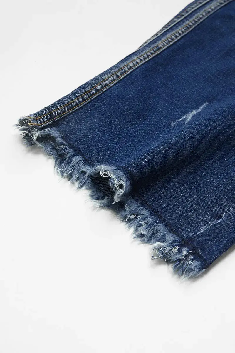 Raw Hem Embroidered Pocket High Waist Denim Mid Thigh Shorts
