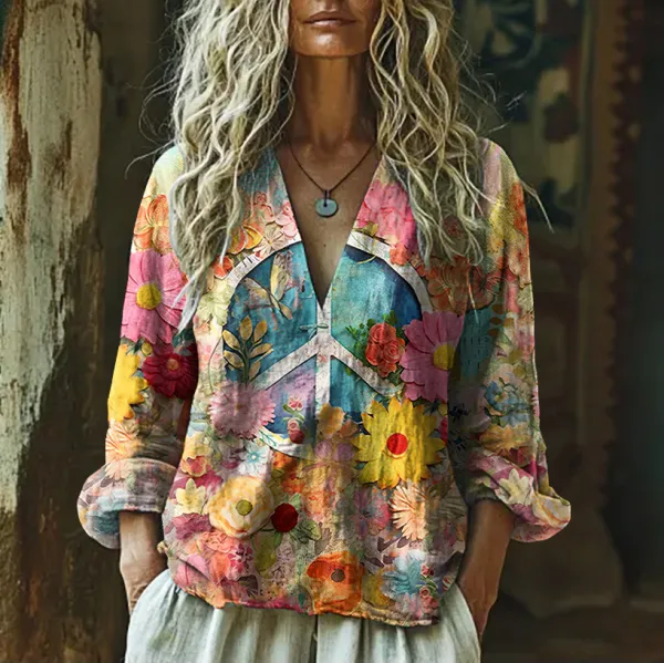 Vintage Hippie Vibe Peace And Love Hippie Floral Painting Art Linen V Neck Long Sleeve Shirt