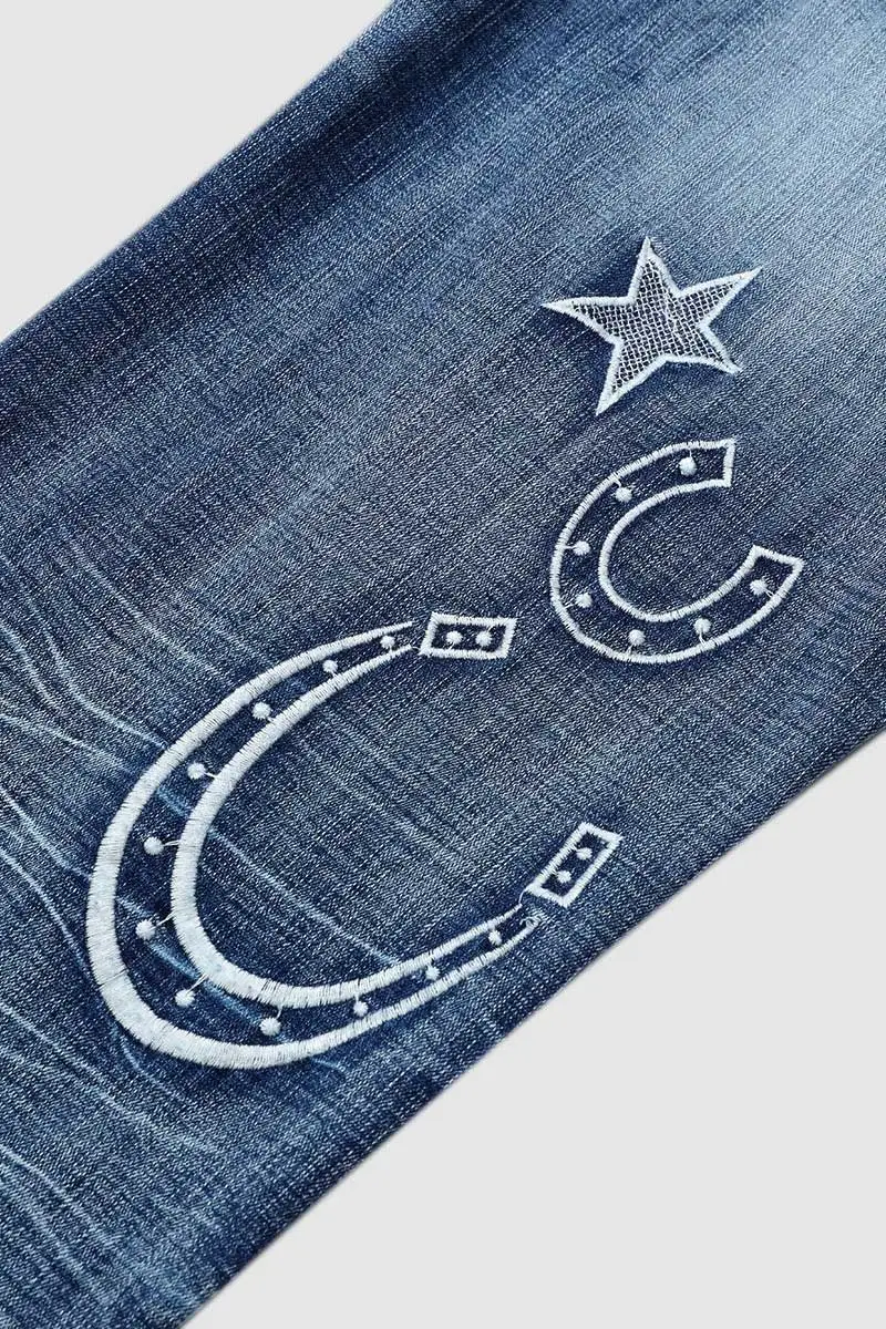 Star & Moon Pattern Double Button Mid Rise Flare Jeans