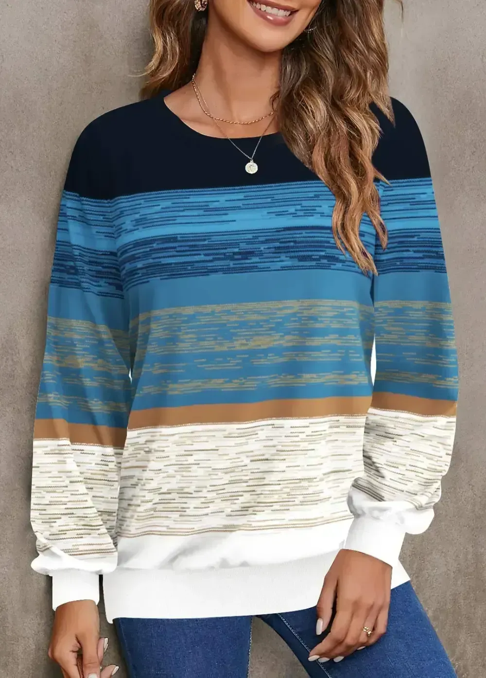 Multi Color Striped Long Sleeve Round Neck Sweatshirt