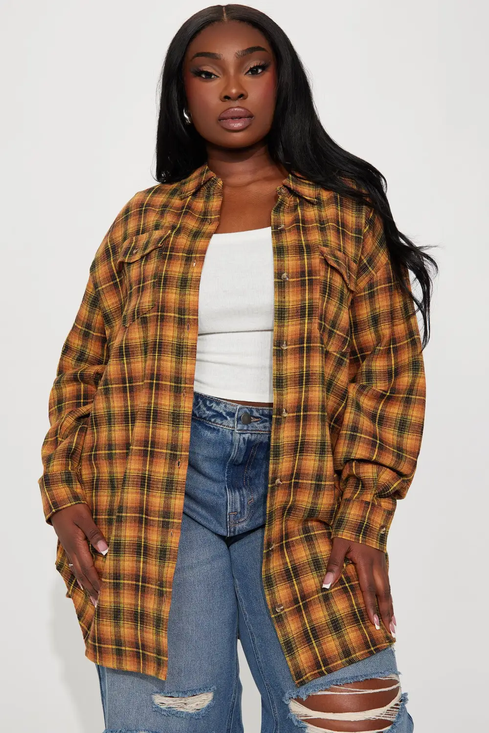 Pretty in Plaid Oversized Flannel Top - Mustard/combo