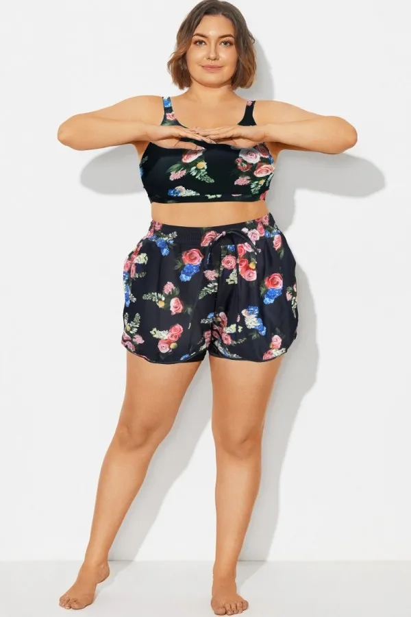 Plus Size Floral Print Mid Waist Women Shorts