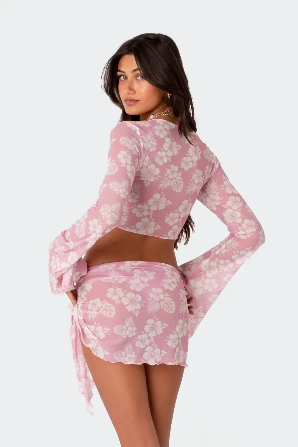 Hibiscus Tie Front Mesh Crop Top