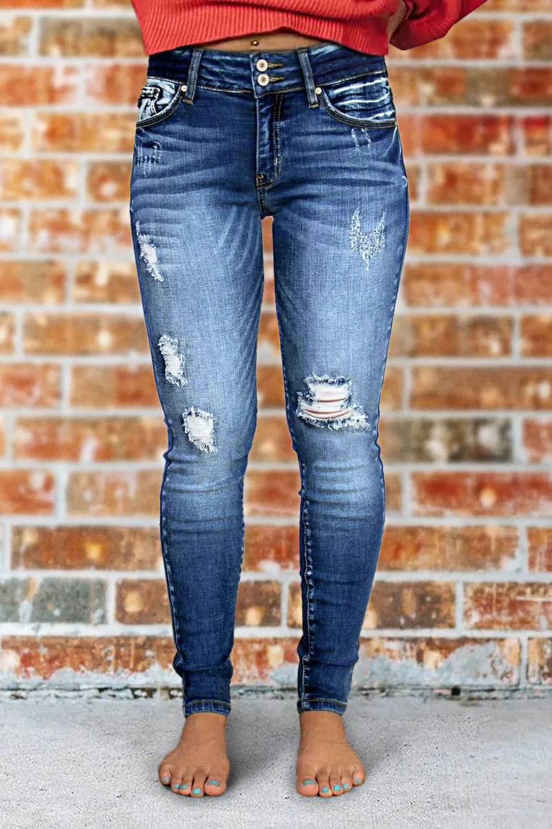 Ripped Double Button Mid Waist Skinny Jeans