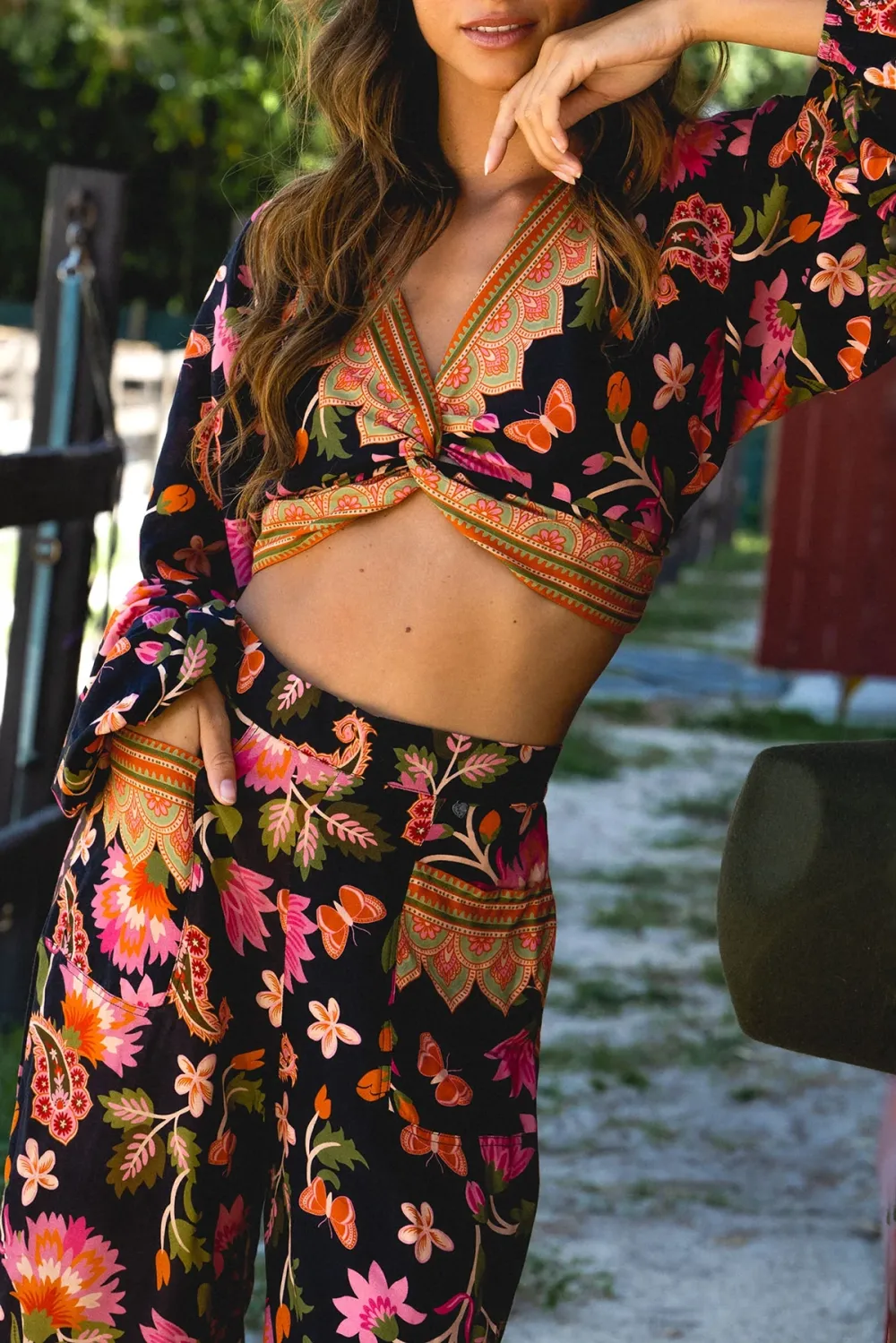 Black And Pink Floral Print Wrap Crop Top