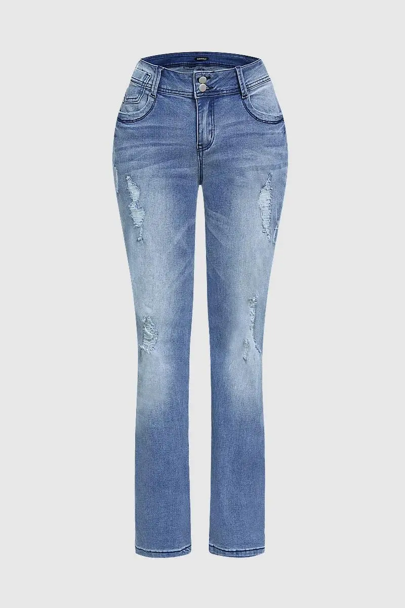 Ripped Roll Hem Double Button Low Waist Straight Leg Jeans