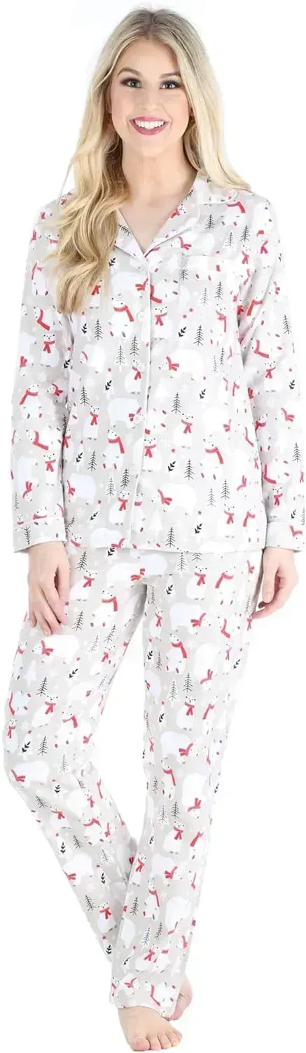 Women's Cotton Flannel Long Sleeve Button-Down Pajamas PJ Set
