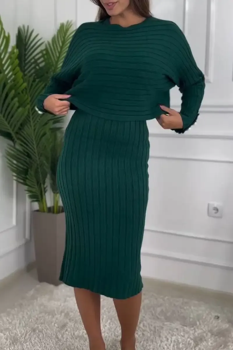 Women's Round Neck Long Sleeve Knitted Sweater Casual Suit Dress