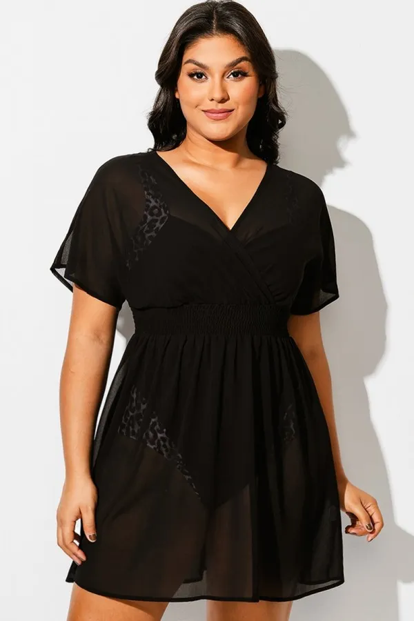 Black Mesh Smocked Waist Cover Up Dress