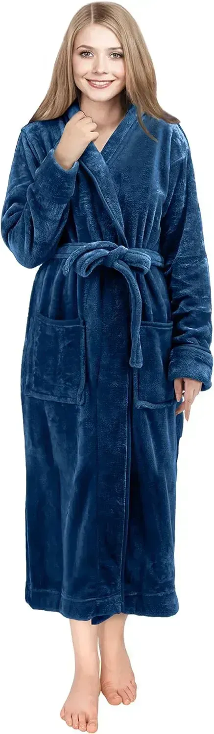 Women Fleece Shawl Collar Bathrobe - Plush Long Robe