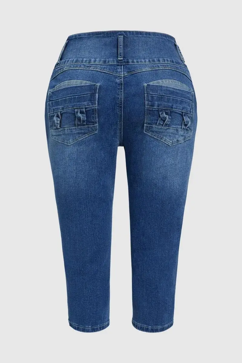 Button Fly Ripped Wash Stretchy High Waist Capri Jeans