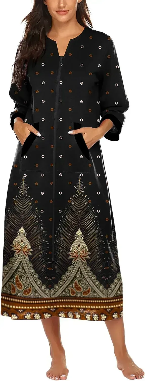 Women Zipper Robe 3/4 Sleeves Loungewear Dress Full Length Sleepwear Pockets Housecoat Nightgown Long Bathrobe
