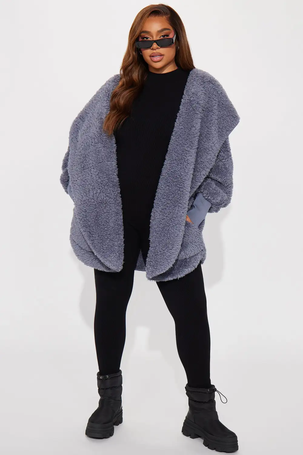 Cozied Up Together Faux Sherpa Jacket - Slate Blue