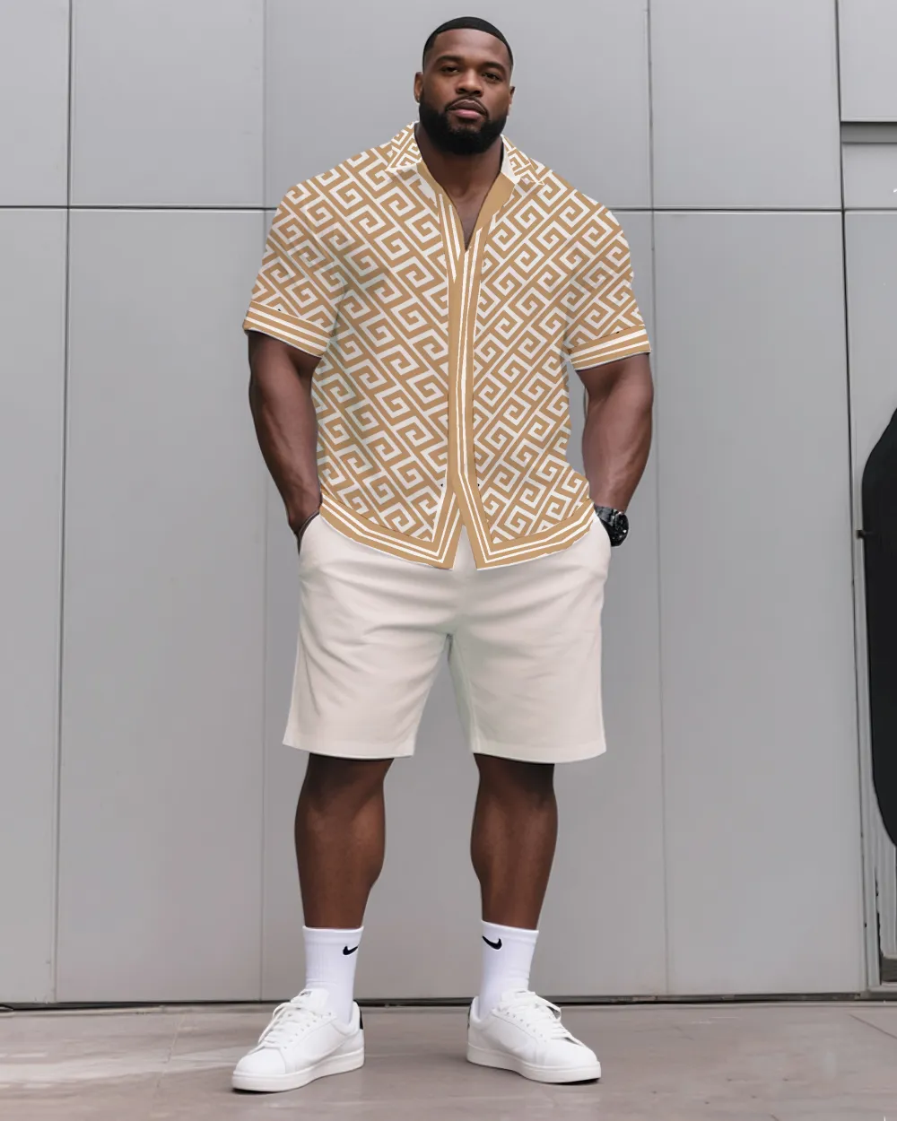 Big Tall Men'S Daily Casual Creamy-White Infinite Fan Official Printed Shirt Shorts Suit