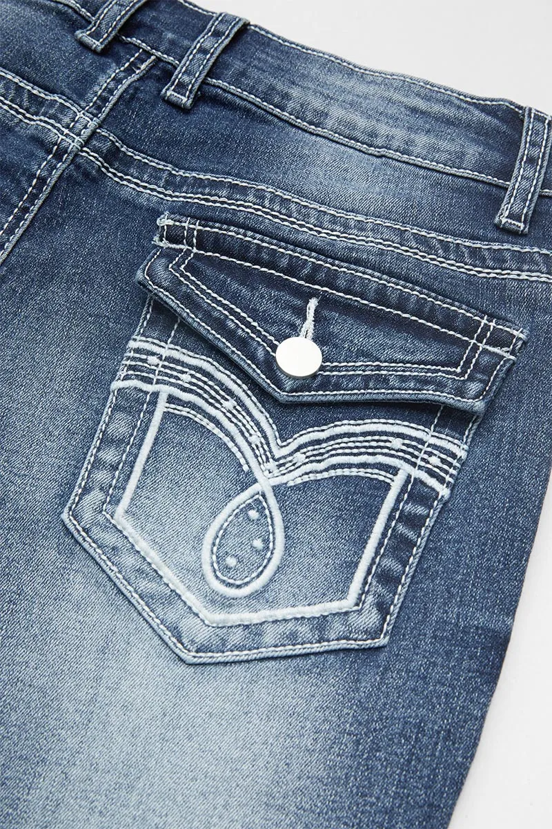 Embroidery Flap Pocket High Rise Denim Mid Thigh Shorts