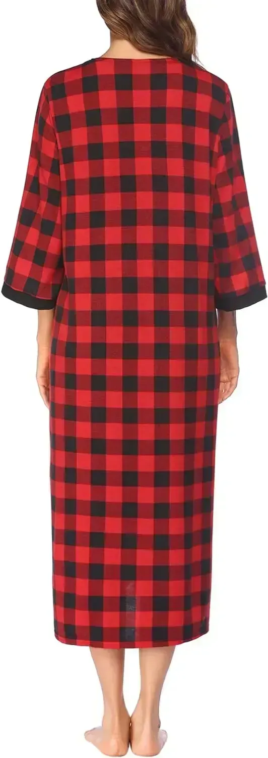 Women Zipper Robe 3/4 Sleeves Loungewear Dress Full Length Sleepwear Pockets Housecoat Nightgown Long Bathrobe