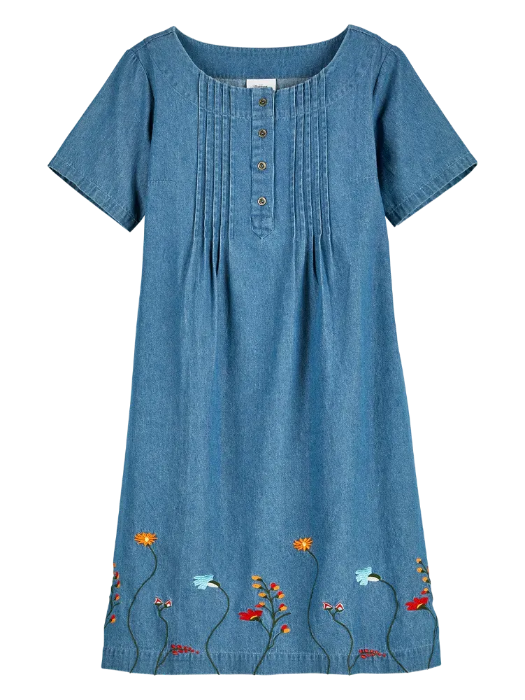 Embroidered Denim Pintuck Dress