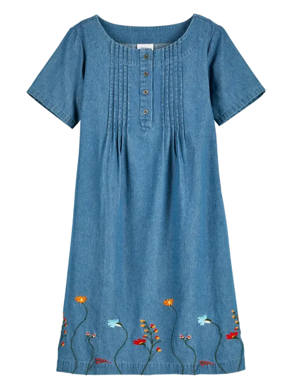 Embroidered Denim Pintuck Dress