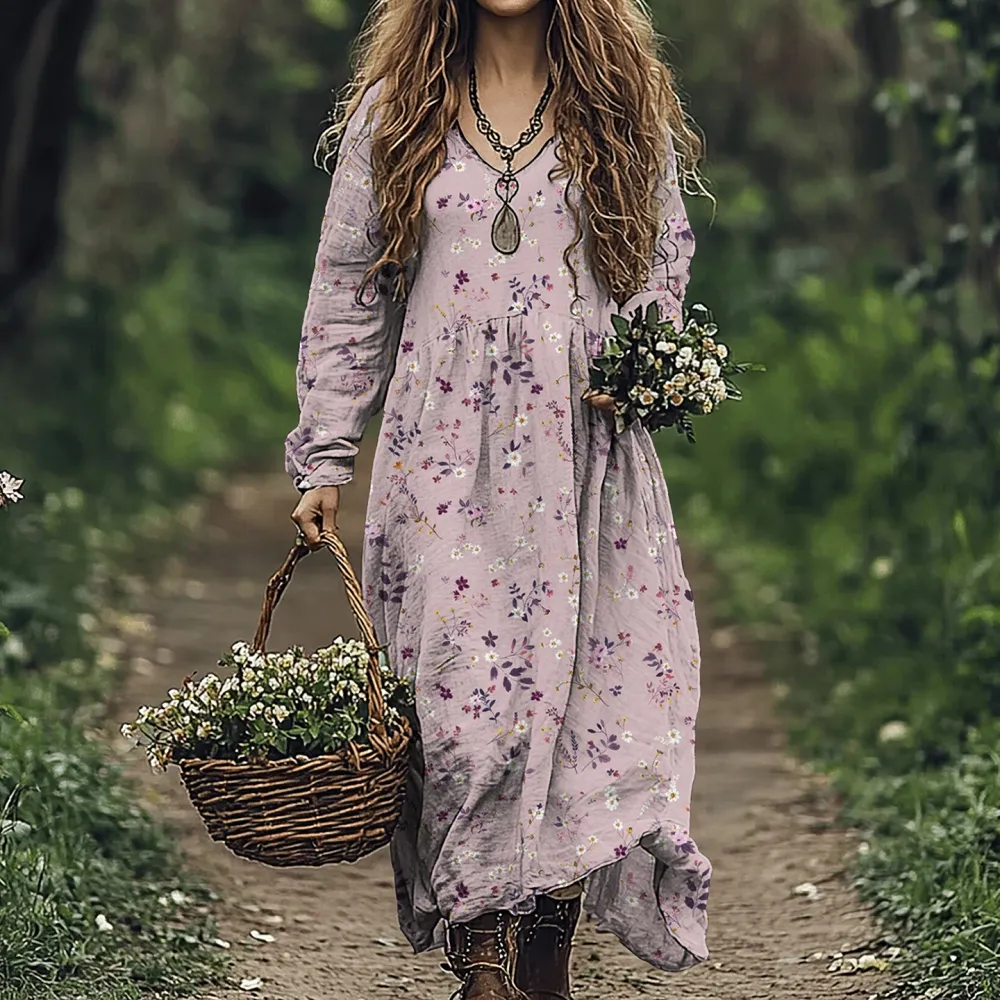 Vintage Wildflowers Floral Art Linen Blend Maxi Dress