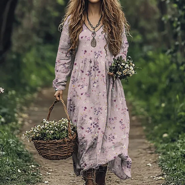 Vintage Wildflowers Floral Art Linen Blend Maxi Dress