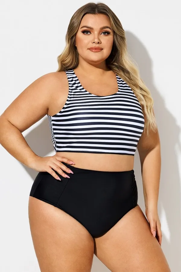 Round Neck Black & White Striped Criss Cross Bikini Top