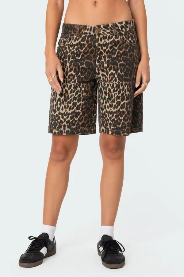 Leopard Low Rise Denim Bermuda Shorts