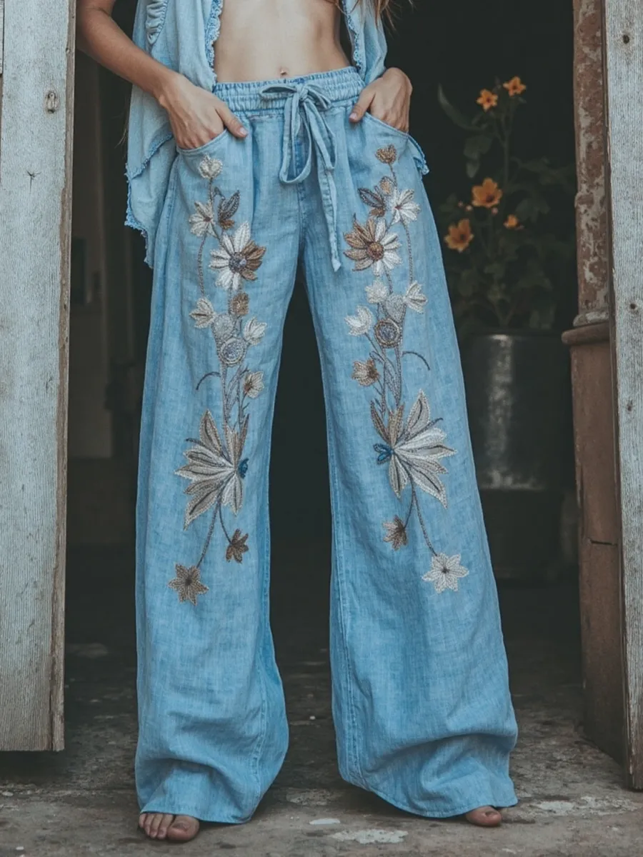 Women's Retro Linen Bohemian Ethnic Flowers Art Long Loose Wide-leg Trouser Pants