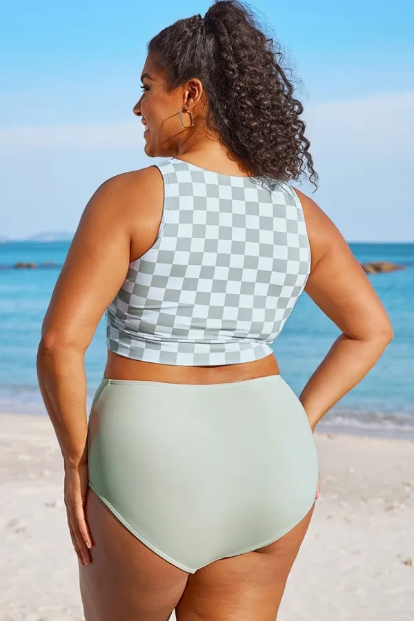 Plus Size White Check Knotted Crop Bikini Top