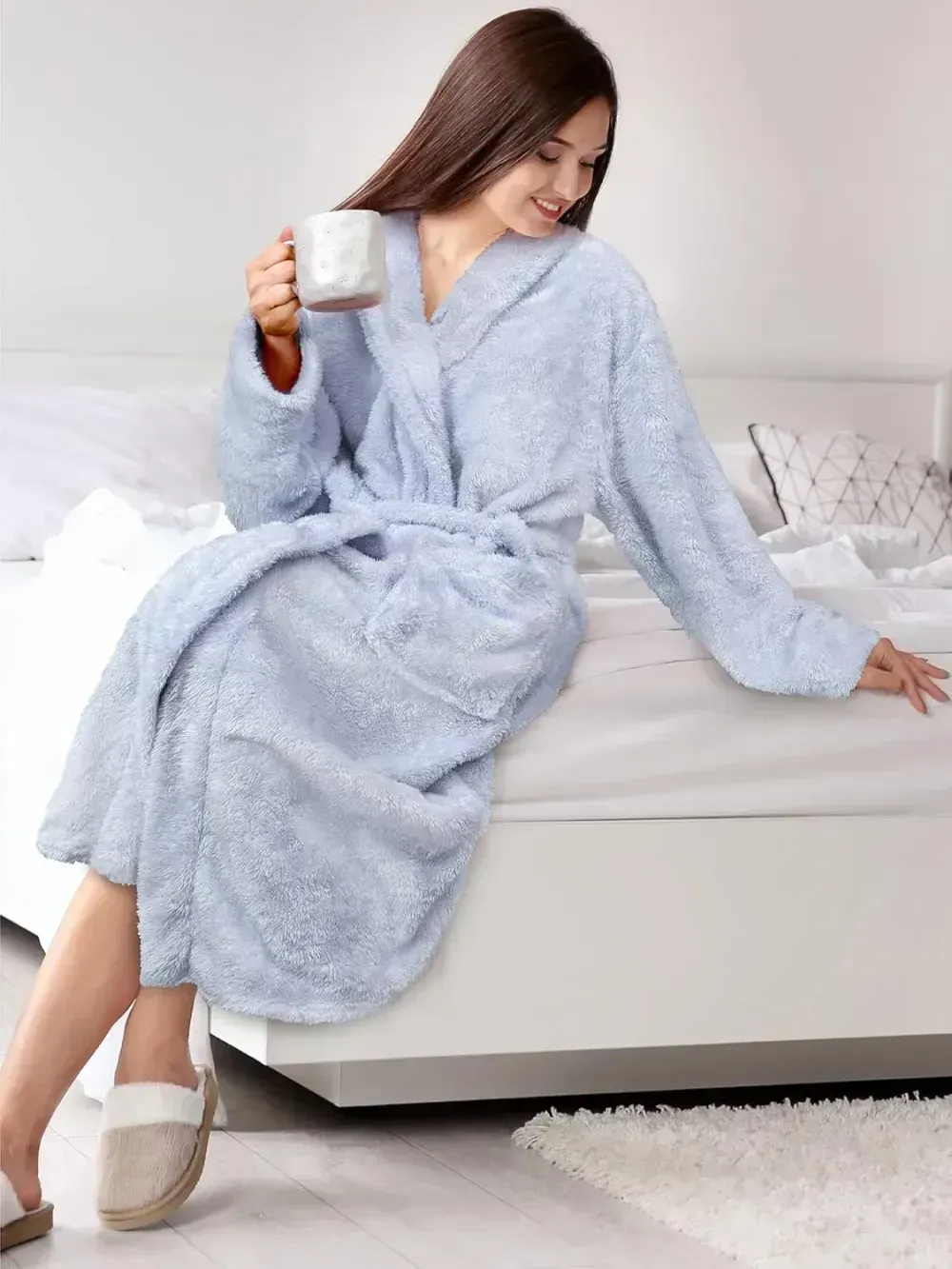 Premium Womens Plush Soft Robe Fluffy, Warm, Fleece Sherpa Shaggy Bathrobe