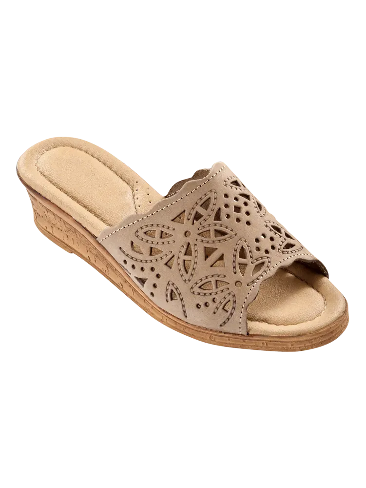 Women's Leather Cutwork Wedge Slide Sandals