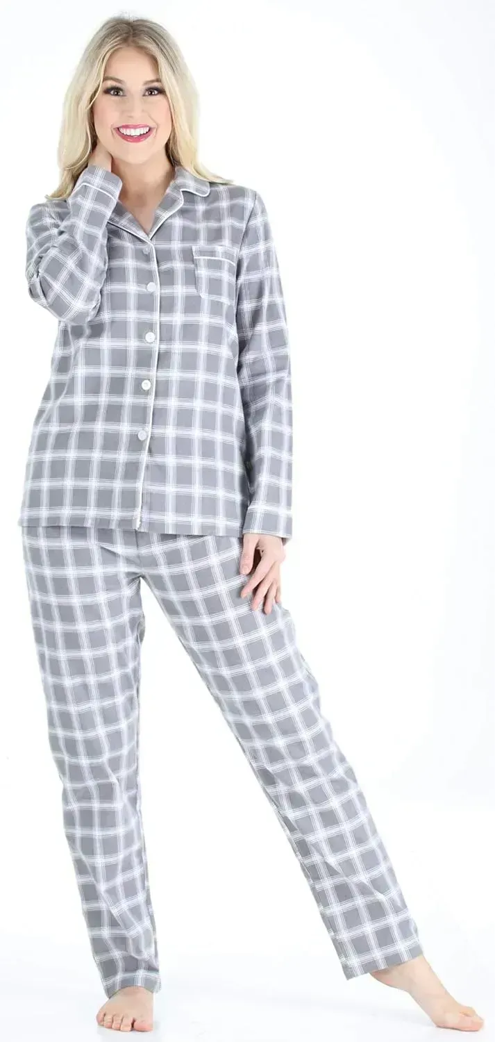 Women's Cotton Flannel Long Sleeve Button-Down Pajamas PJ Set