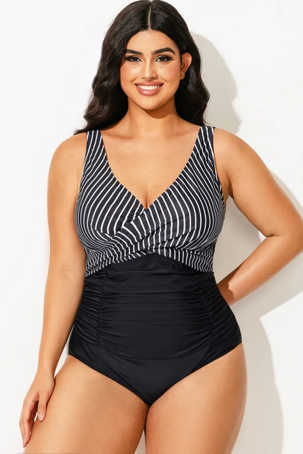 Black & White Striped Shirred One Piece Swimsuit