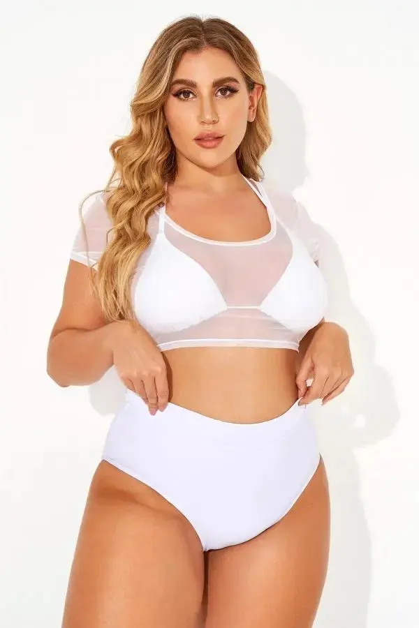 White Self-tie Halter Straps Mesh Crop Bikini Top