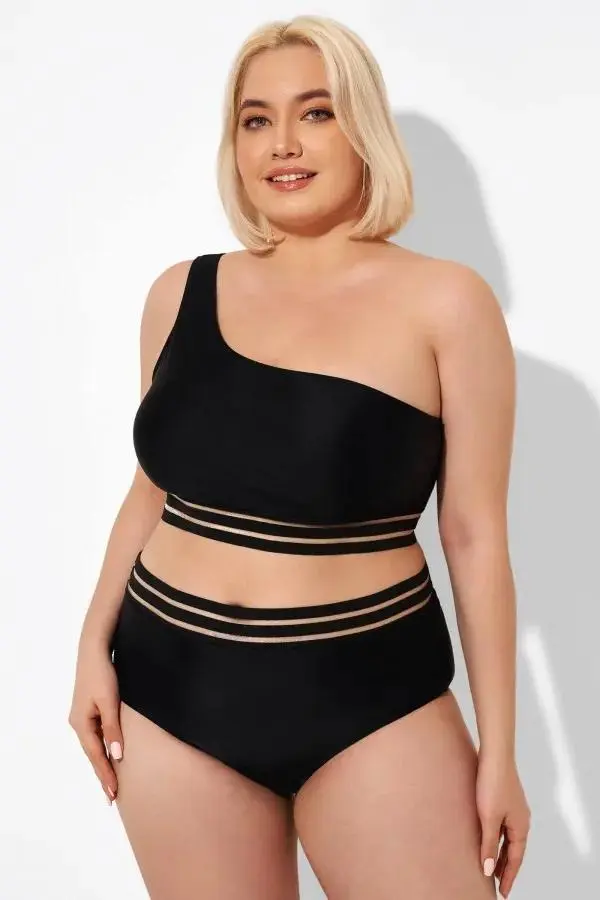 Black Mesh One Shoulder  Backless Bikini Top