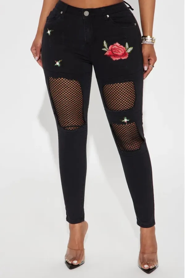 Rosa Ripped Embroidered Skinny Jeans - Black