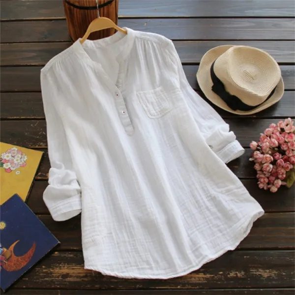 V Neck Button Down Pocket Comfy Shirt