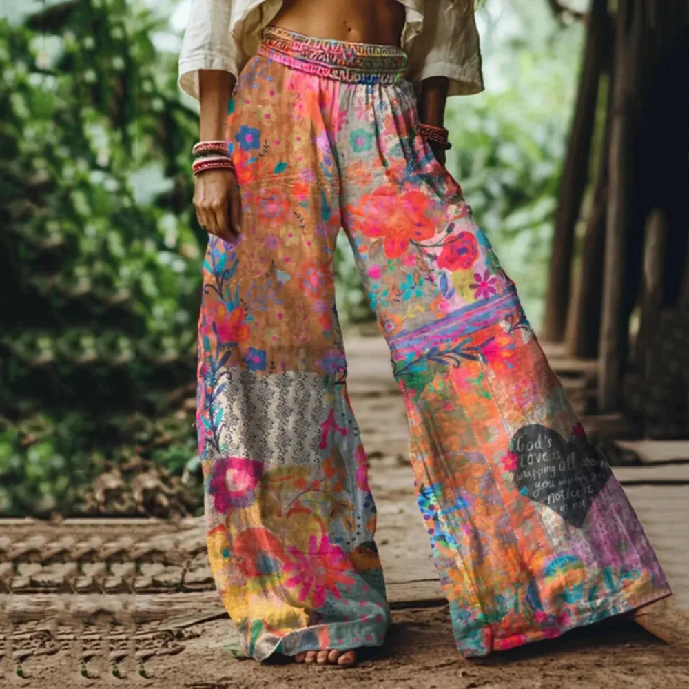 Vintage Bohemia Floral Pattern Women's Linen Blend Casual Pants