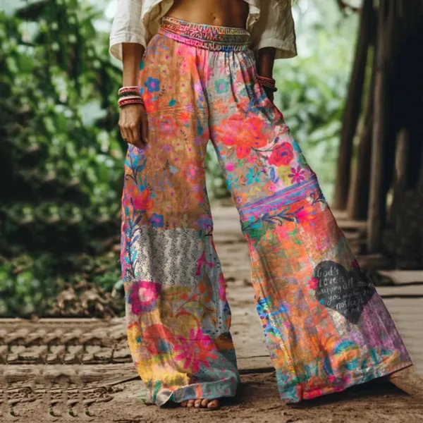 Vintage Bohemia Floral Pattern Women's Linen Blend Casual Pants