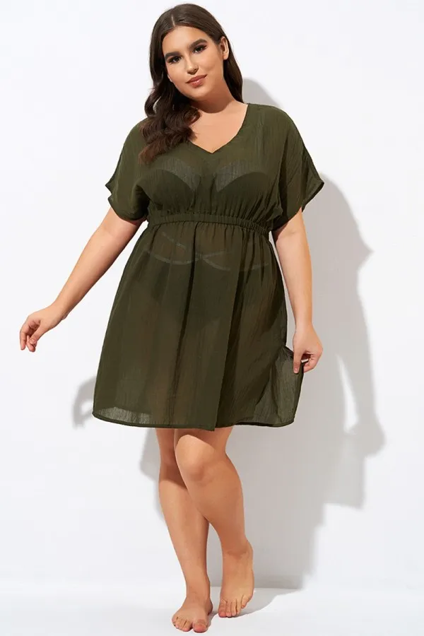 Dark Green V Neck Elastic Waisted Cover Up