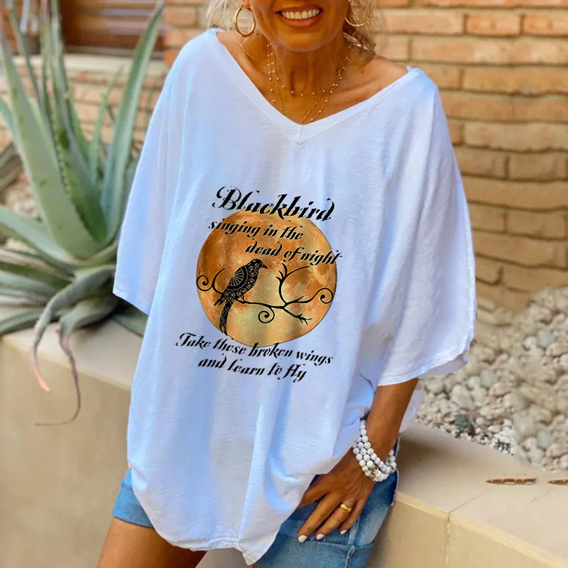Blackbird Singing In The Night Printed Women T-shirt Oversized