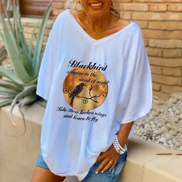 Blackbird Singing In The Night Printed Women T-shirt Oversized