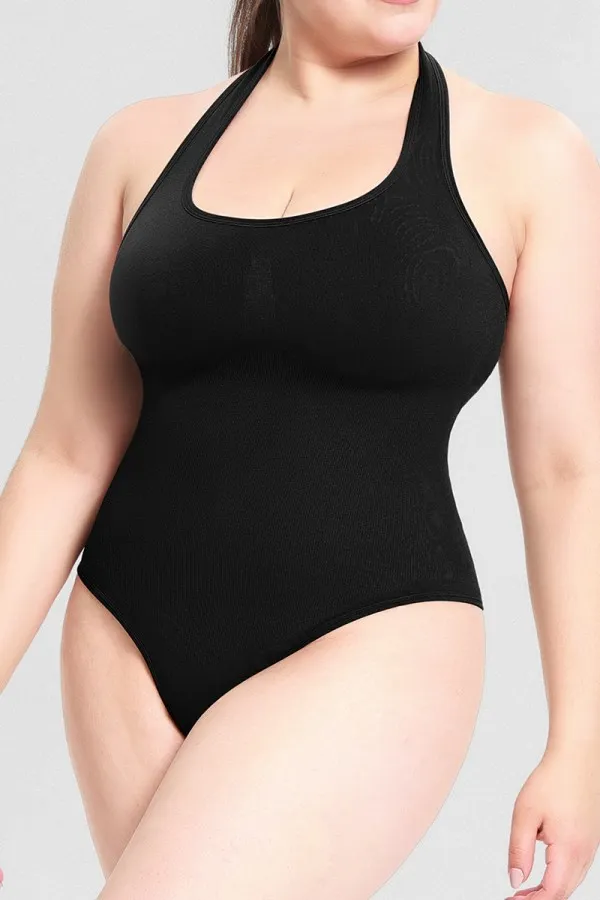 Black Snap Button Scoop Neck Halter Bodysuit