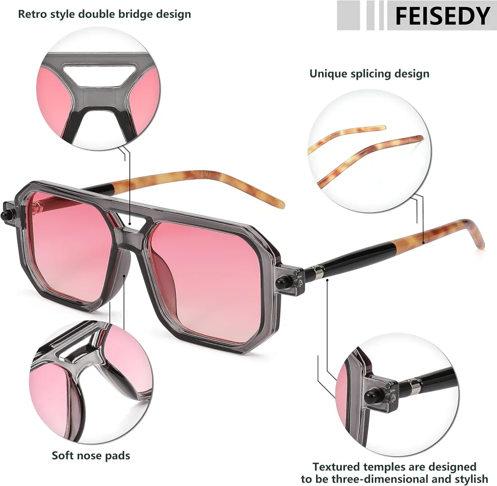FEISEDY Vintage Square 70s Flat Aviator Sunglasses Women Men Classic Retro Stylish Frame UV400 Sunglasses B2622