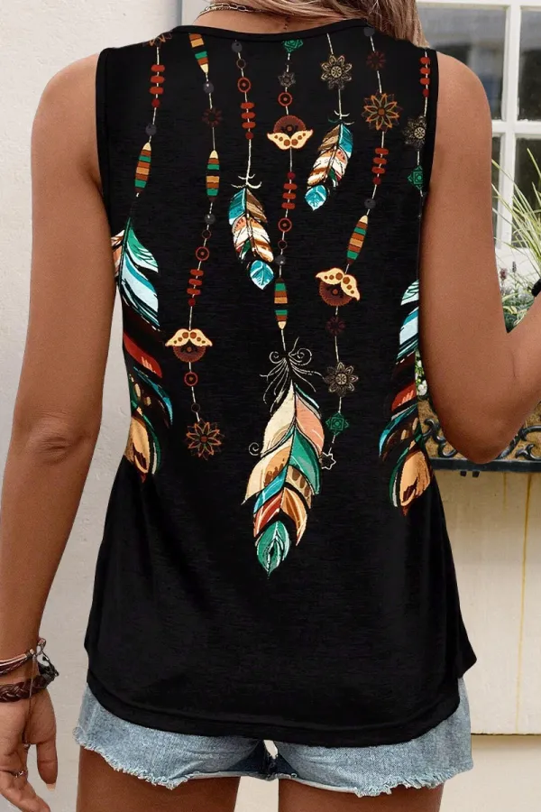 Feather Print Round Neck Tank Top