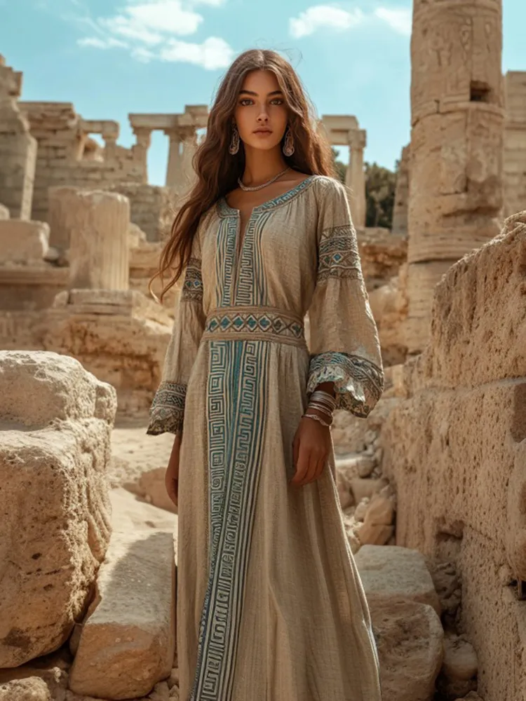 Retro Greek Key Small V Neck Linen Blend Maxi Dress