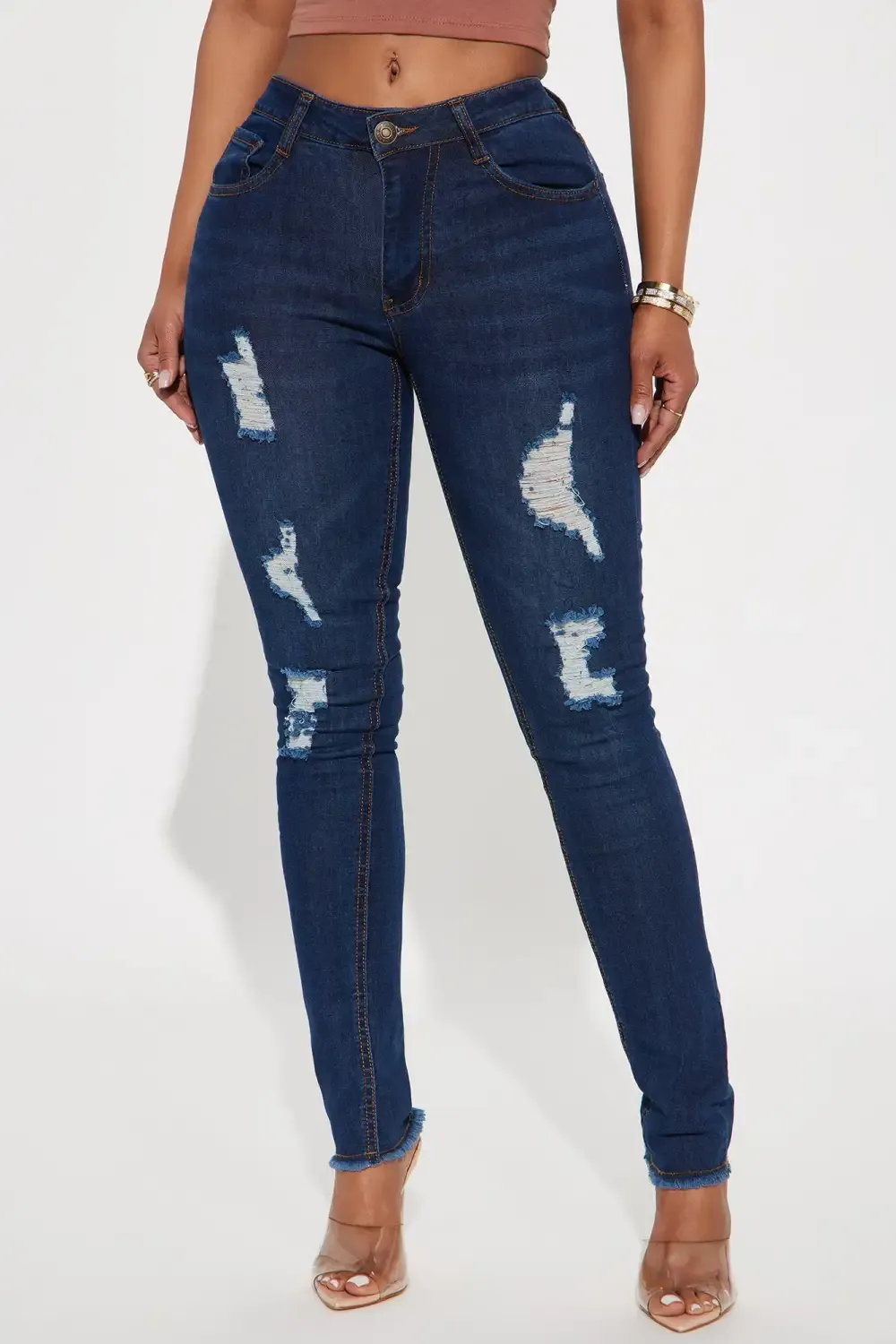 One Hit Wonder Ripped Mid Rise Skinny Jeans - Dark Wash