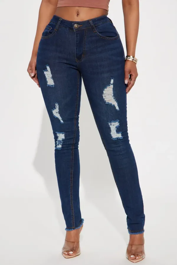 One Hit Wonder Ripped Mid Rise Skinny Jeans - Dark Wash